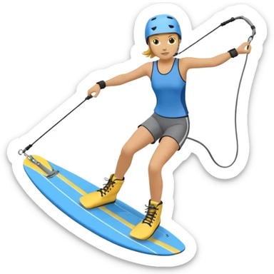 A person wakeboarding with one leg forward, the other bent for balance, leaning slightly back while holding a tow rope. Wearing a blue top, black shorts, gray boots, on a yellow board with small water splashes below. sticker