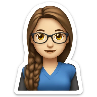 female programmer sitting inform of pc brown straight hair and blue eyes, white skin sticker