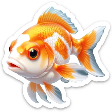 Cinematic Cute Orange and White Goldfish Portrait Emoji, Head tilted playfully and inquisitively, featuring a glossy, vibrant body adorned with a striking mix of orange and white, round, sparkling golden eyes filled with curiosity, Simplified yet irresistibly adorable features, highly detailed, glowing with a warm, friendly glow, high shine, affectionate and lively, stylized with a touch of whimsy, bright and endearing, soft glowing outline, capturing the essence of a mischievous yet loving goldfish, so playful it feels like it could swim out of the screen and into your heart! sticker