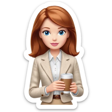 A Barbie girl with blue eyes, shoulder-length reddish-brown hair, made-up, wearing a white tweed jacket and a beige skirt, with a glass of coffee in her hands sticker