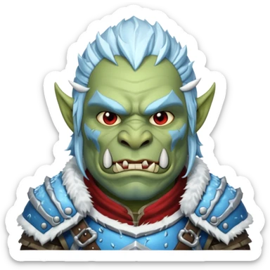 Fantasy Christmas orc portrait icon, frost clan warrior style, winter fur armor, icy details, strong brutal face, snowy battlefield mood, clean emoji style, male/female variant sticker