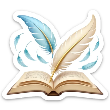 Create a delicate and poetic emoji representing poetry. The design should feature several elegantly flying pages with short poetic columns written on them. The pages should appear light and flowing, almost as if being carried by the wind. Include a white feather gently resting on the pages, symbolizing creativity and inspiration. Use soft, pastel tones to give it a dreamy, artistic feel. The design should feel ethereal and whimsical, capturing the essence of poetry. Make the background transparent. sticker