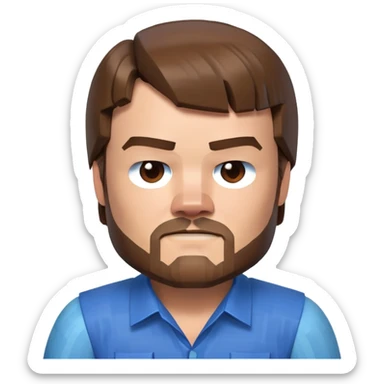 Jack Black as Minecraft Steve portrait, just face and shoulders, blocky character with brown hair, beard, and blue shirt sticker