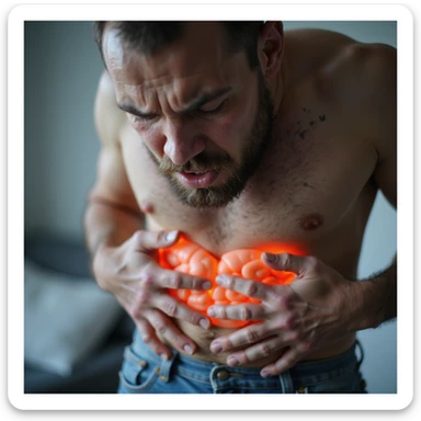 close-up of man with intestinal problems, face contracted in pain, sweating, abdominal bloating, hyperrealistic 4K details, clinical environment sticker
