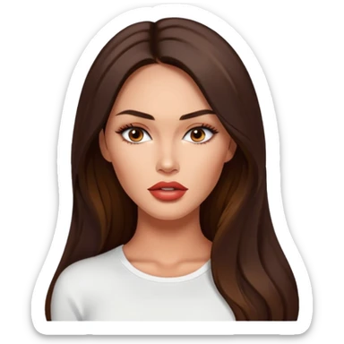 Megan fox, fashion model Beautiful woman model large breasts  with  narrow eyes tan skin, full lips  long hair model white  top   sticker