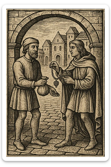 Сгенерируй мне гравюру, как в средневековье один мужчина дает другому мешочек, а другой украшение другому, они торгуют sticker