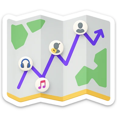 Create a modern, clean paper map emoji in the style of Apple emojis. The map should be slightly folded or open, showing a fresh, colorful digital roadmap inside with a purple path and icons visible. The map is designed for musicians, not a city map, and should not have an antique or parchment look. No text, just the visual roadmap as the main feature. Transparent background. sticker