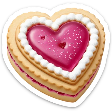 Realistic shortbread cookie in the shape of a heart with pink jelly middle filling and sprinkled powder sugar on top. sticker