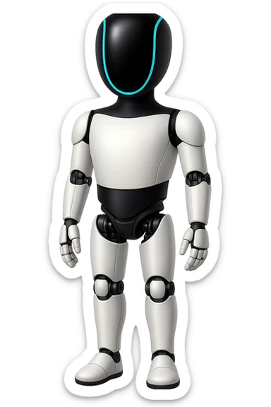 Create a fullbody Tesla robot emoji with the exact head from the reference image. The robot should have arms down pose, relaxed stance, and be in the apple emoji style. The style should be respected as closely as possible in the edit. sticker