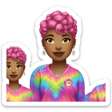 Plus size black woman with pink curly pixie cut hair and a rainbow tie dye sweater , and diamond stud earrings  sticker
