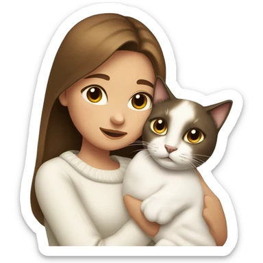 a girl with long brown hair, in a white sweater, hugs a Siamese cat. sticker
