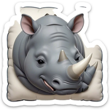 Meme-Worthy Cute Sleeping Rhinoceros Portrait Emoji, Head resting peacefully with a contented smile, showcasing a massive, robust build and a luxuriously soft slate-gray hide, accented by a gentle white horn, eyes shut in a serene, restful nap, Simplified yet hilariously adorable features, highly detailed, glowing with a soft, drowsy light, high shine, relaxed and utterly lovable, stylized with an air of playful laziness, bright and heartwarming, soft glowing outline, capturing the essence of a comically sleepy rhinoceros, so meme-worthy it feels like it could instantly become the next viral sensation of adorable slumber! sticker