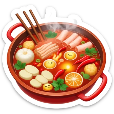 Chinese hot pot, bubbling red spicy broth with variety of ingredients, emoji style sticker