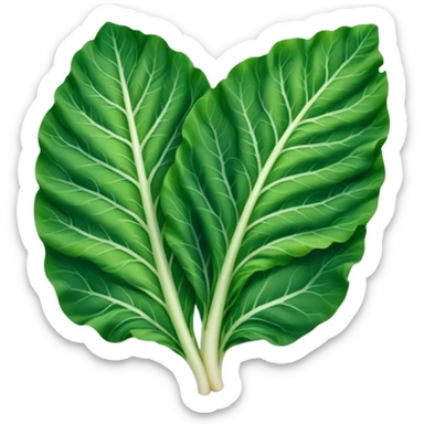 single chard leaf with broad vibrant green blades and thick white rib running down the center, slightly crinkled matte texture, natural curves, visible veins, no bunch soil or extras, soft lighting, subtle shadows, emoji scale sticker