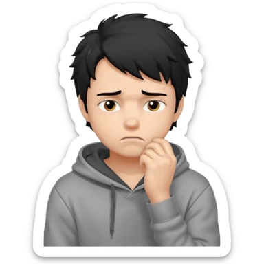 generate a pretty bratz fair skinned boy with messy black hair in a grey hoodie looking sad and bored with hand on chin. Make him muscled sticker