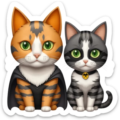 A grey tabby cat with dark grey stripes and green eyes sitting next to a calico cat with orange eyes, calico cat has dark fur around her eye almost like a Batman mask sticker
