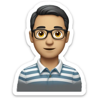 a man with short dark hair and glasses, wearing a striped shirt with a collar. The man is looking directly at the camera with a neutral expression. sticker