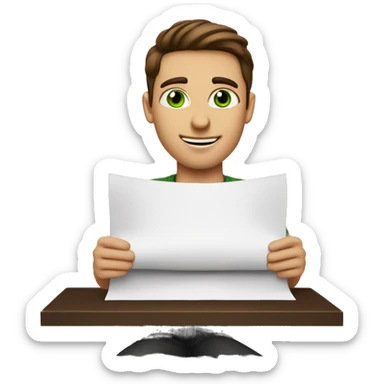 a light-skinned green-eyed man with styled brown hair (brushed back) sitting in front of the long white paper scroll sticker