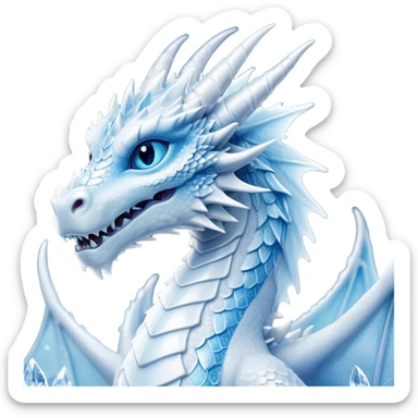 Cinematic Noble Beautiful Ice Dragon Portrait Emoji, Poised and majestic, with an ethereal, crystalline body adorned in intricately detailed scales of frosty blues and silvery whites reminiscent of glacial ice and delicate snowflakes, and piercing, cool eyes reflecting winter’s clarity; rendered with lifelike texture and subtle natural highlights, high shine, elegant and formidable, styled with an aura of chilling mythic beauty, focused and serene, soft glowing outline, capturing the essence of a legendary ice sovereign ready to glide gracefully out of the screen with timeless frosty allure! sticker