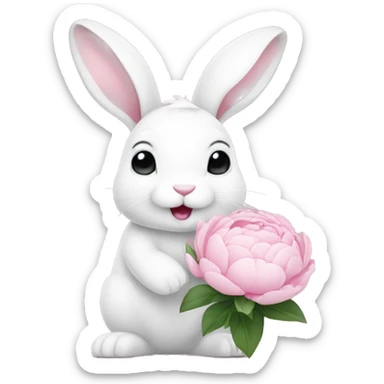 cute white bunny holding light pink peonies sticker
