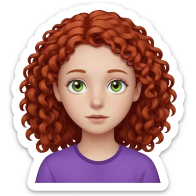pale white teen girl with light blueish green eyes and freckles with brownish red curly middle part hair and purple shirt sticker