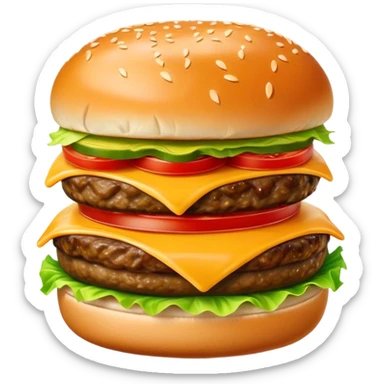 Cinematic juicy cheeseburger, perfectly grilled patty, melted cheese, crisp lettuce, tomatoes, and pickles, soft sesame seed bun, glossy and rich, warm glowing background, ultra-detailed and appetizing. sticker