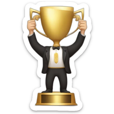 the white European man Celebrating,the white European man brown hair Celebrating, Raising a gold trophy in your hands, full body, Elegant dress Raising a gold trophy in your hands sticker