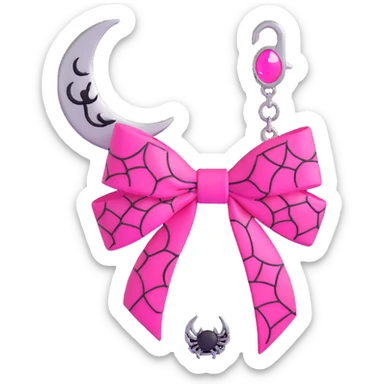 3D emoji style pink bow with gothic effect, neon pink, black spiderweb pattern, and silver crescent moon charm sticker