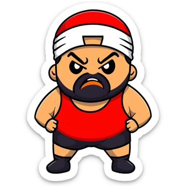 White skin fat guy with prominent black durag, short black beard, black eyes in a red and black wrestling singlet with angry face sticker
