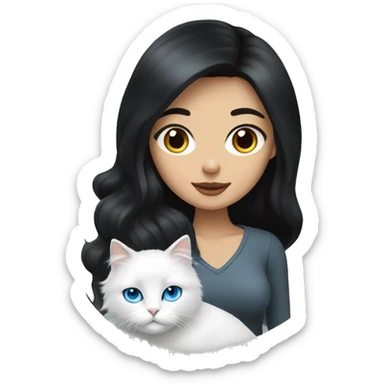 woman with black hair and holding a all white Siberian cat with blue eyes sticker