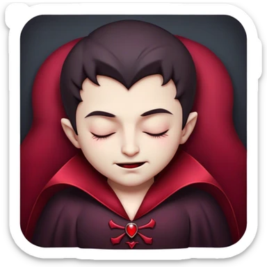 Meme-Worthy Cute Sleeping Vampire Portrait Emoji, with a refined, small, pale face softened by closed, serene eyes and a slight, peaceful smile, adorned in miniature elegant dark attire with a hint of fading crimson, simplified yet irresistibly adorable, highly detailed with a soft ethereal outline that captures the drowsy charm of a vampire in quiet nighttime slumber! sticker