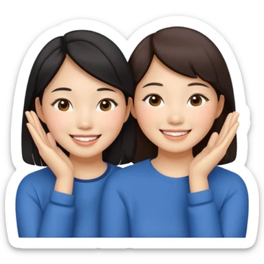 Two happy asian women beside each other touching their cheek sticker