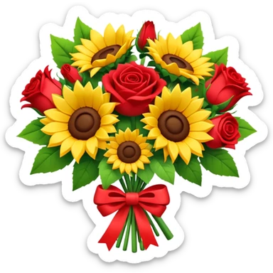 sunflowers and red roses bouquet tied with a bow, soft 3d claymation style, pretty sticker