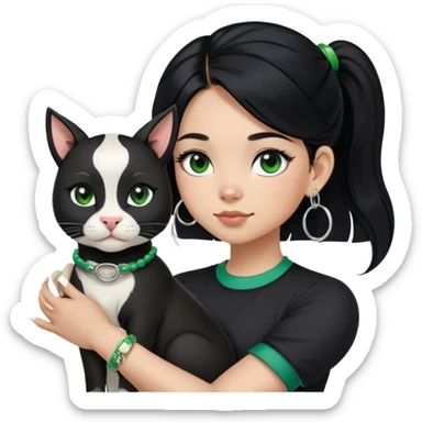 A girl with long straight black hair has upward-slanting eyeliner. She is wearing large silver hoop earrings, a black short-sleeved shirt, and a green bracelet on her left hand. She is holding a cow cat with a black face and white "gloves". sticker