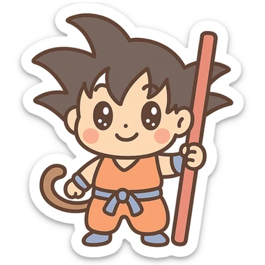 Son Goku, chibi style, big eyes, orange gi, holding a power pole, cute and playful sticker