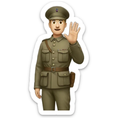 A man in a soldier suit from world war one raising their right hand vertically to around 45 degrees.all of his fingers are pointing forward sticker