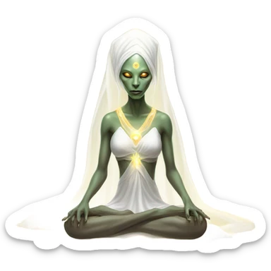 a Reptilian alien woman, white dress like a priestess, in meditation show aura sticker