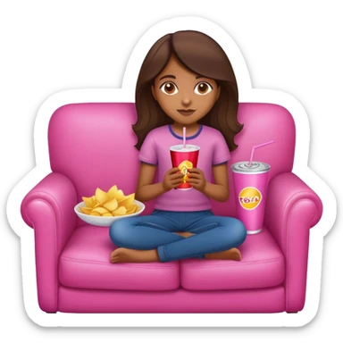 home brown girl with plate of chips and soda drink, sitting at the pink sofa sticker