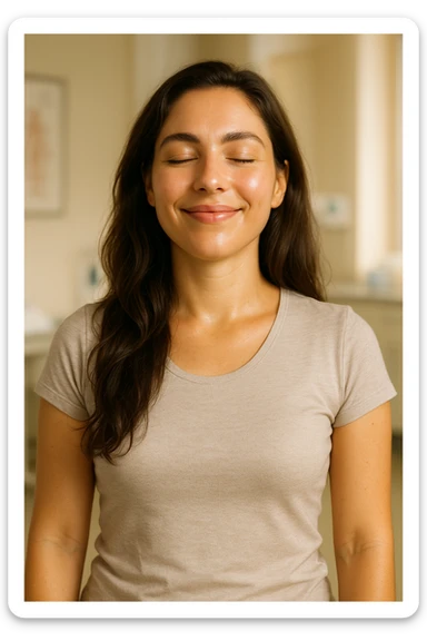 realistic portrait of a woman with PCOS who is finally well, serene and vital appearance, visible signs of wellness and relief, glowing skin, healthy hair, relaxed but energetic posture, reduction of PCOS and premenstrual symptoms, clinical atmosphere, warm natural lighting, vertical 2:3, no text sticker