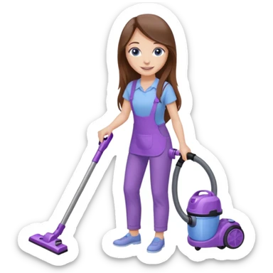 beautiful girl with long brown hair, blue eyes and wearing light purple clothes, cleaning and vacuuming sticker