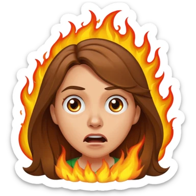Woman with hair on fire looking stressed and panicked with brown shoulder length hair—longer hair please and light skin—an Irish gal sticker