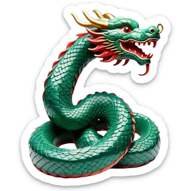Cinematic Noble Chinese Serpent Dragon Portrait Emoji, Poised and majestic, with a sinuous, serpentine body adorned in intricately detailed scales of shimmering jade and soft vermilion, accented by delicate cloud motifs and subtle water ripple patterns; rendered with lifelike texture and gentle natural highlights, high shine, wise and enigmatic, styled with an aura of ancient dynastic grace, focused and regal, soft glowing outline, capturing the essence of a revered celestial dragon that appears ready to glide gracefully through the mists of time! sticker
