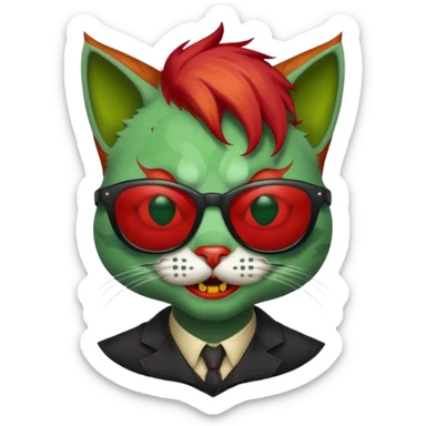 Zombie cat with sun glasses and red hair and joker nose sticker