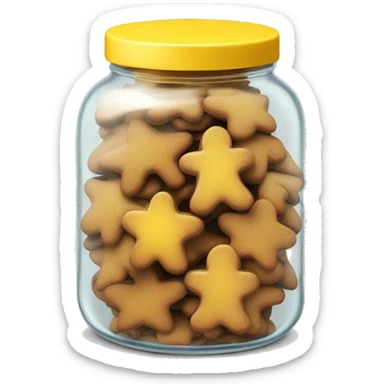 Realistic glass cookie jar yellow lid full of gingerbread cookies isolated.  sticker