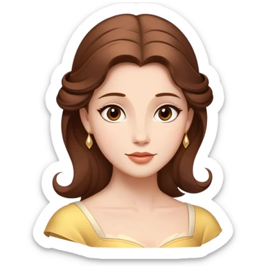 Cinematic Timeless Belle Portrait Emoji, rendered in a clean, vector style. Depict Belle with fair, luminous skin, beautifully arranged brown hair, and a serene, graceful expression, dressed in her classic attire. The design features bold, simplified shapes, a soft, enchanting glow, and a subtle glowing outline, capturing the essence of pure, timeless beauty. sticker