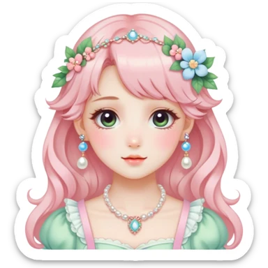 Gorgeous anime style lady with blushing face and accessories cottagecore fairycore Kawaii anime colorful pearly romantic aesthetic trending style sticker
