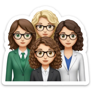 4 professionnel,une  turque avec les cheveux brun un peu décoiffer. une  jeune fille brune avec les cheveux légèrement bouclé et les yeux marron, une jeune fille blonde,de avec les cheveux bouclé qui arrive au épaules avec des lunettes et une jeune fille brune avec les cheveux lisse long, yeux vert  sticker