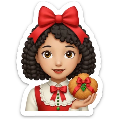 cute girl tan skin, curly black hair chin length, middle part, long eyelashes, cute cheeks, 5'2, outfit croquette style with bows and christmas theme, happy,  sticker