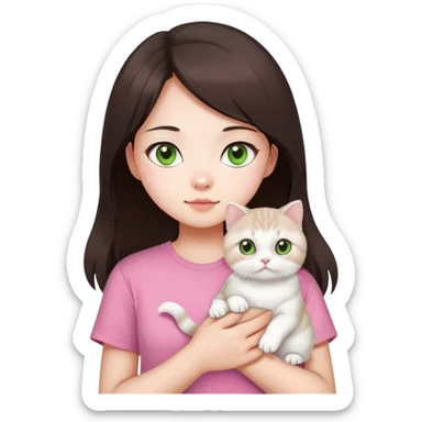 This Chinese girl has fair skin. She has long dark brown hair and is wearing a pink T-shirt. She is holding a white Scottish Fold cat, her cat has light green eyes sticker