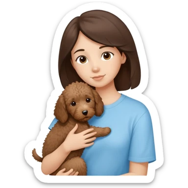 One girl with medium long dark brown hair dressing baby blue T-shirt, hugging One little brown coated labradoodle. sticker